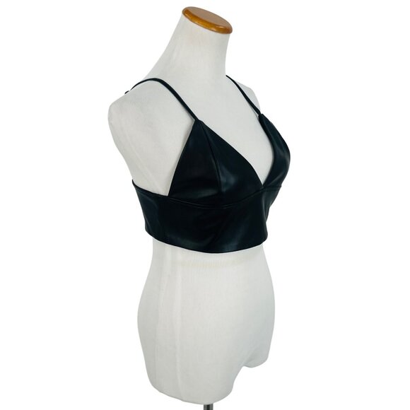 NWOT Shoedazzle Black Soft Vegan Leather Edgy V-Neck Sexy Club Rave EDM Crop Top - Picture 3 of 16
